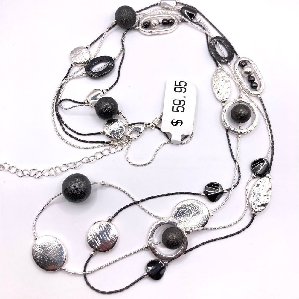Long Geometric Asymmetrical Beaded Layered Double Strand Statement Necklace
